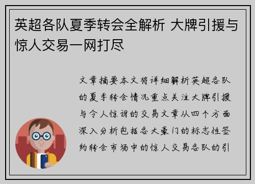 英超各队夏季转会全解析 大牌引援与惊人交易一网打尽